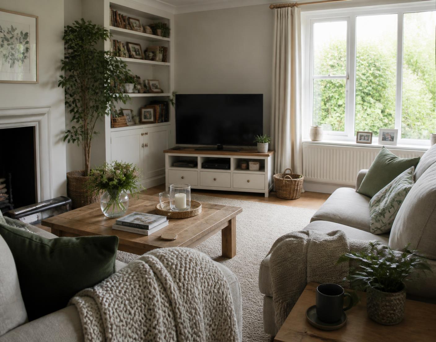 Comfortable living room in a family home with soft furnishings, plants and natural daylight