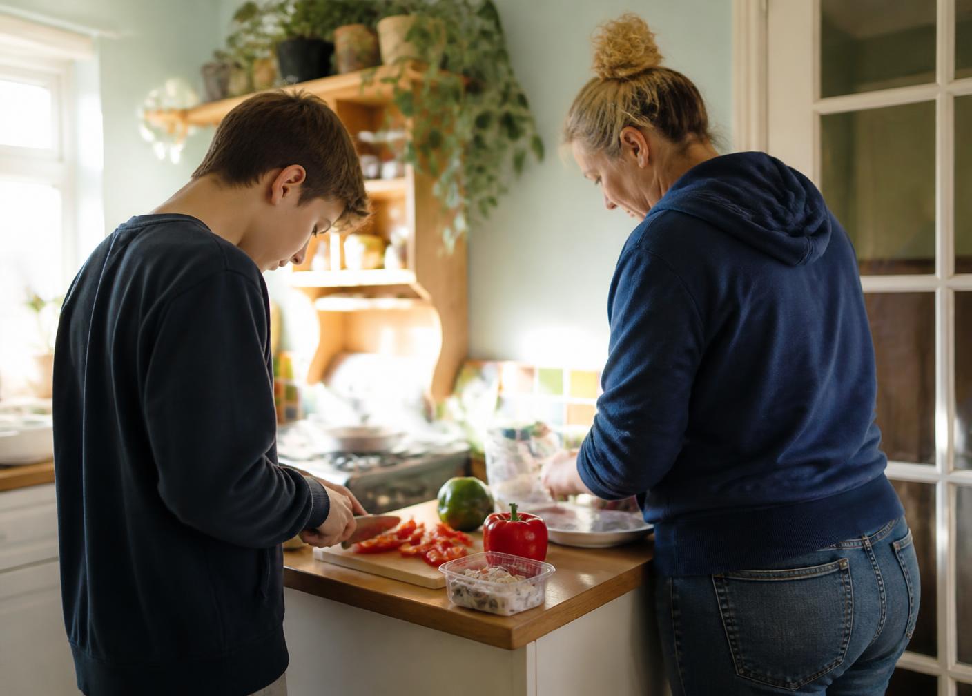 A young person and a support worker preparing a meal together in a home kitchen